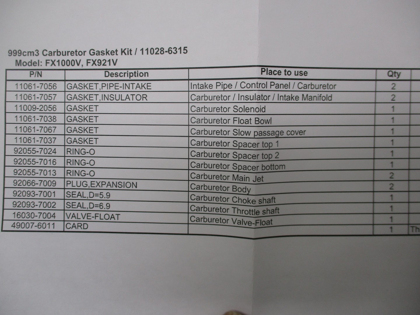 Genuine Kawasaki 11028-6315 Carburetor Rebuild Gasket Kit FX921V Fit 15004-7009 - Image 4