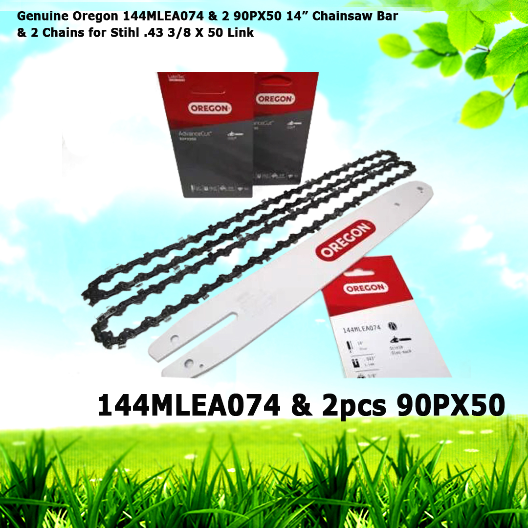 Genuine Oregon 144MLEA074 & 2 90PX50 14” Chainsaw Bar & 2 Chains for Stihl .43 3/8 X 50 Link
